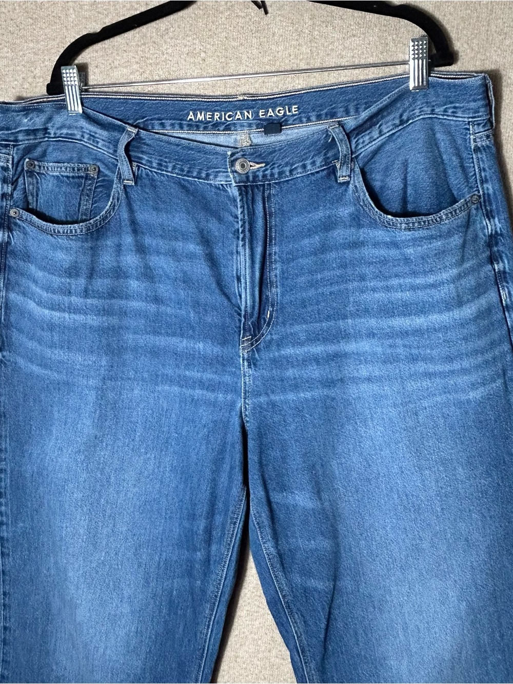 American Eagle Low‎ Rise Baggy Flare Jeans Womens 18R  Raw Hem Whiskered Denim - Picture 14 of 16